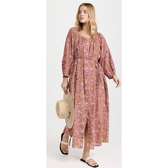 THE GREAT Medium Shoreline Coverup Floral Tan Tie-Waist Cottagecore MIDI Dress - Picture 4 of 16